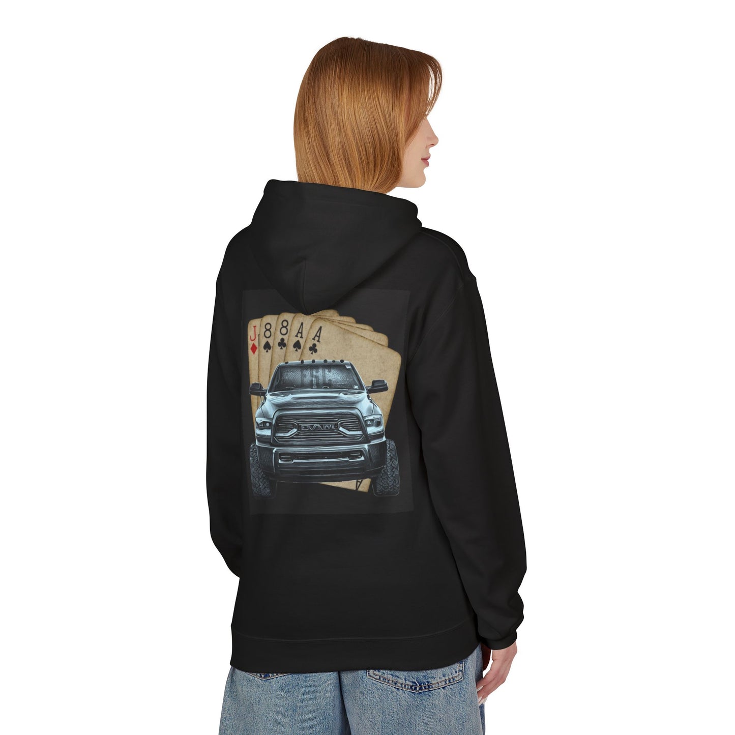 Custom Graphic Fleece Hoodie for Truck Lovers, Perfect for Casual Wear, Gift for Him, Card Game Theme, Everyday Style